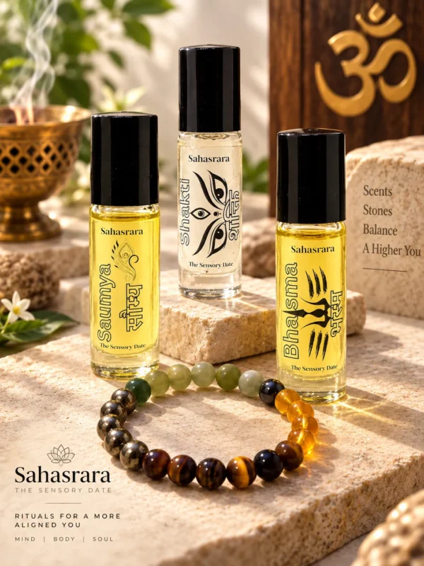 F1A30F31-2B6A-43F9-9FE2-180B9596184B Sahasrara Sacred Perfume Oil Trio (3 x 6ml Roll-On Set) | Saumya, Bhasma & Shakti